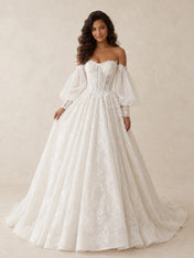 Elegant Off-The-Shoulder Long-Sleeve Lace Ball Gown Wedding Dress with Chapel Train