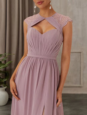 Pink Ruched Lace Chiffon Crew Neck Cap Sleeve A-Line Maxi Bridesmaid Dress