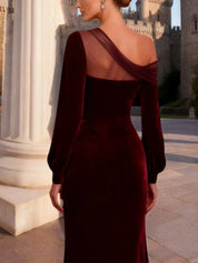 Evening Formal Dress Burgundy One Shoulder Velvet Maxi Dress