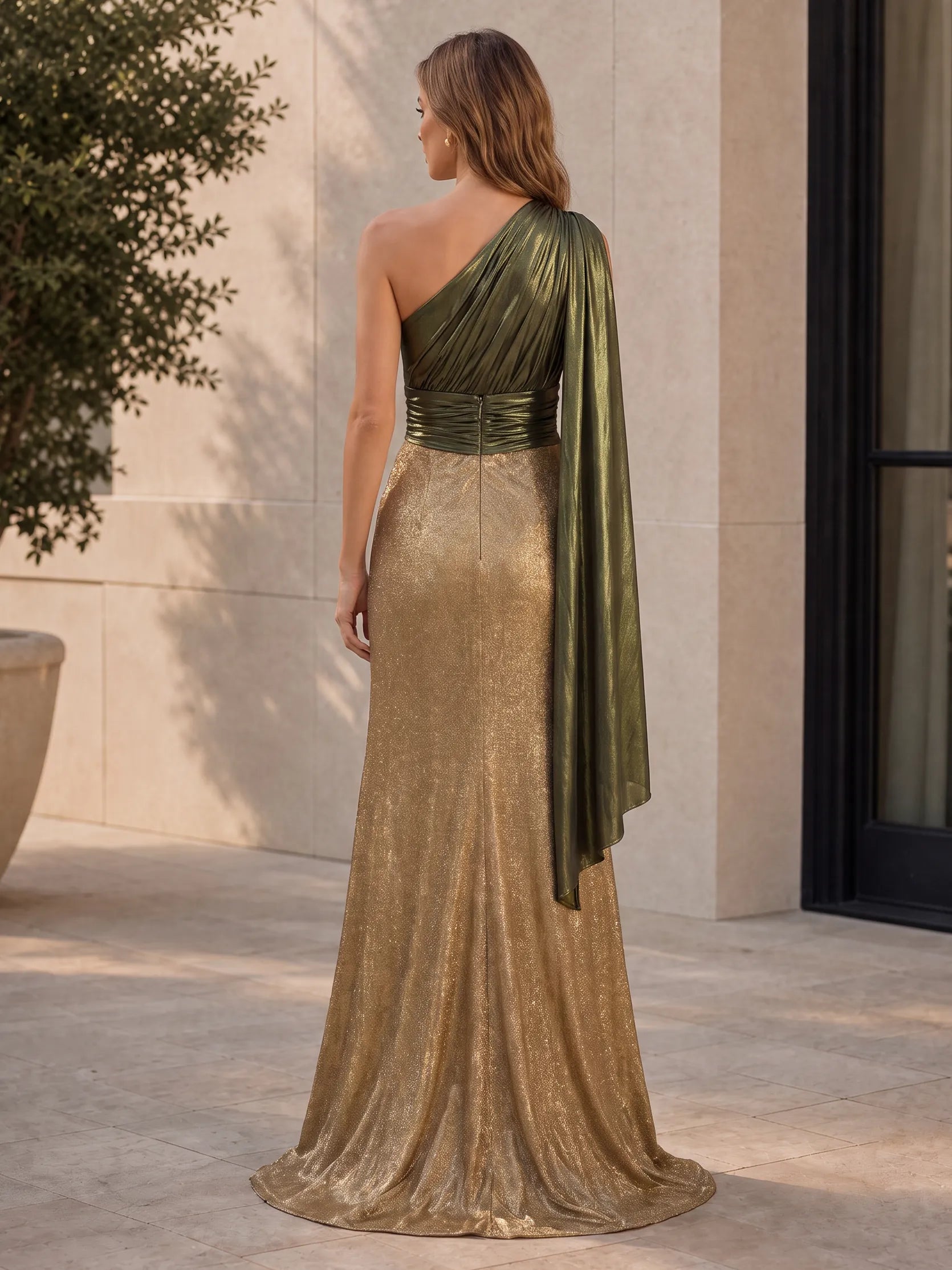 Elegant One-Shoulder Metallic A-Line Evening Dress with Draped Cape and High Slit