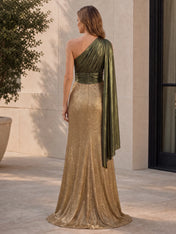 Elegant One-Shoulder Metallic A-Line Evening Dress with Draped Cape and High Slit