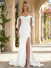 White Satin Off-the-Shoulder Bow Prom Dress