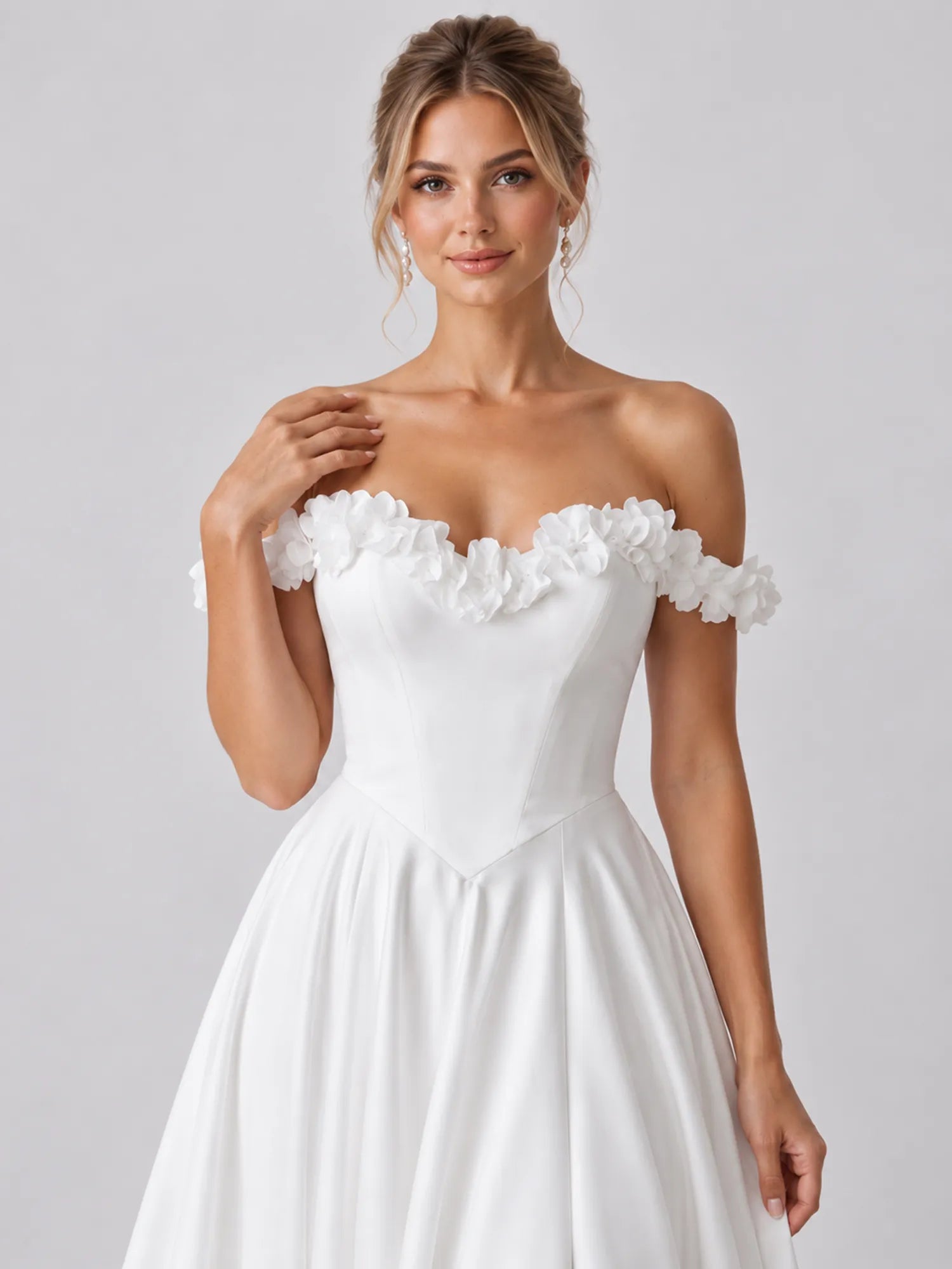 White Off-the-Shoulder Beaded Floral Applique Wedding Dress