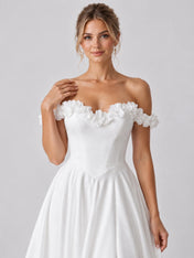 White Off-the-Shoulder Beaded Floral Applique Wedding Dress