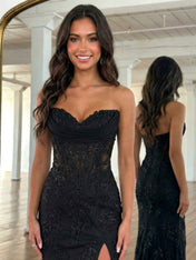 Strapless Corset Lace Floral Prom Dress with Thigh-High Slit