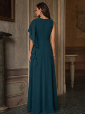 Teal Asymmetrical Cape Sleeve Evening Dress with Beading