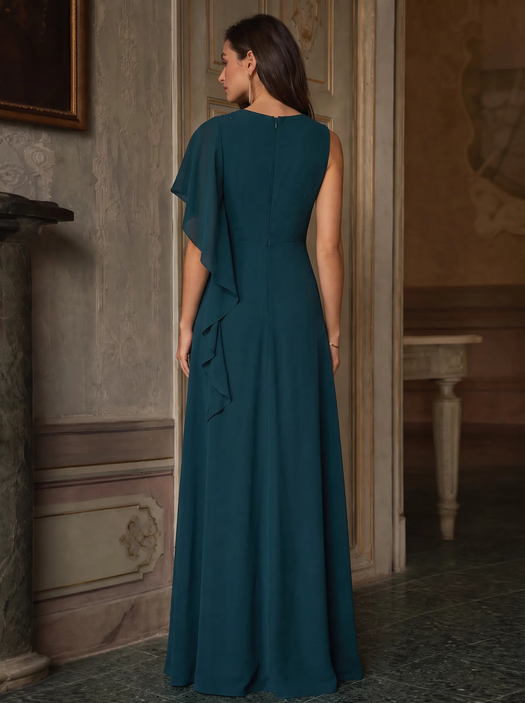 Teal Asymmetrical Cape Sleeve Evening Dress with Beading