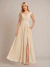Champagne A Line Chiffon V Neck Floor Length Bridesmaid Dress With Slit