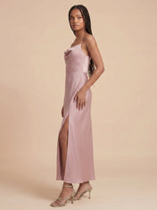 Cowl Neck Satin Midi Bridesmaid Dress with Adjustable Straps and Side Slit