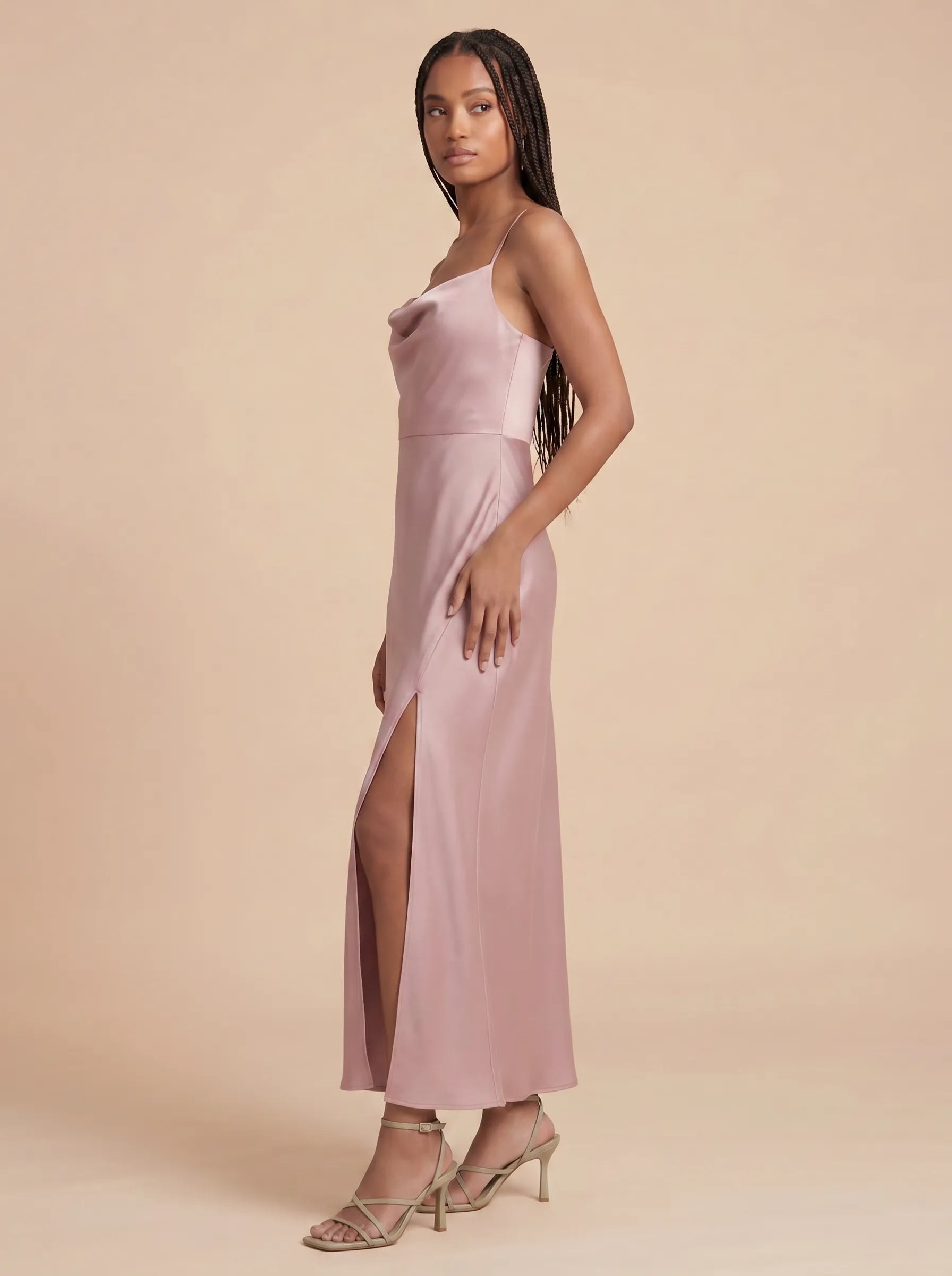 Cowl Neck Satin Midi Bridesmaid Dress with Adjustable Straps and Side Slit