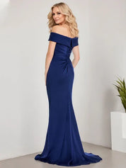 A-Line Off the Shoulder Floor-Length Mother of the Bride Dress Applique Beadings Mermaid Dress With  High Split
