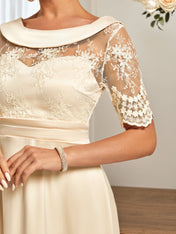 Beige Lace Satin Crew Neck Short Sleeve A-Line Midi Dress