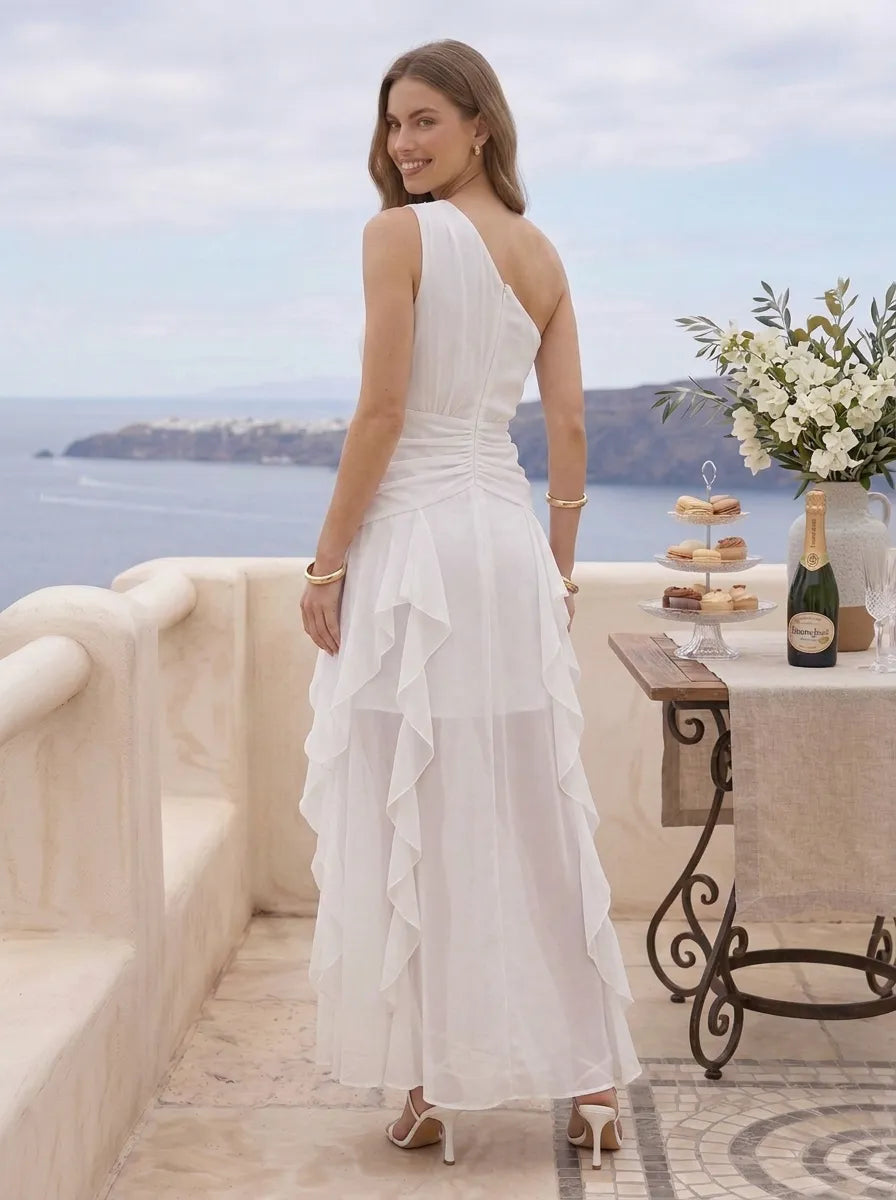 One-Shoulder Ruched Chiffon A-Line Evening Gown with Cascading Ruffles