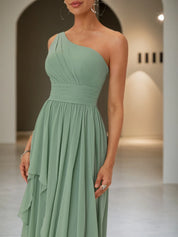 Light Green Ruched Asymmetric Chiffon One Shoulder Sleeveless A-Line Maxi Bridesmaid Dress