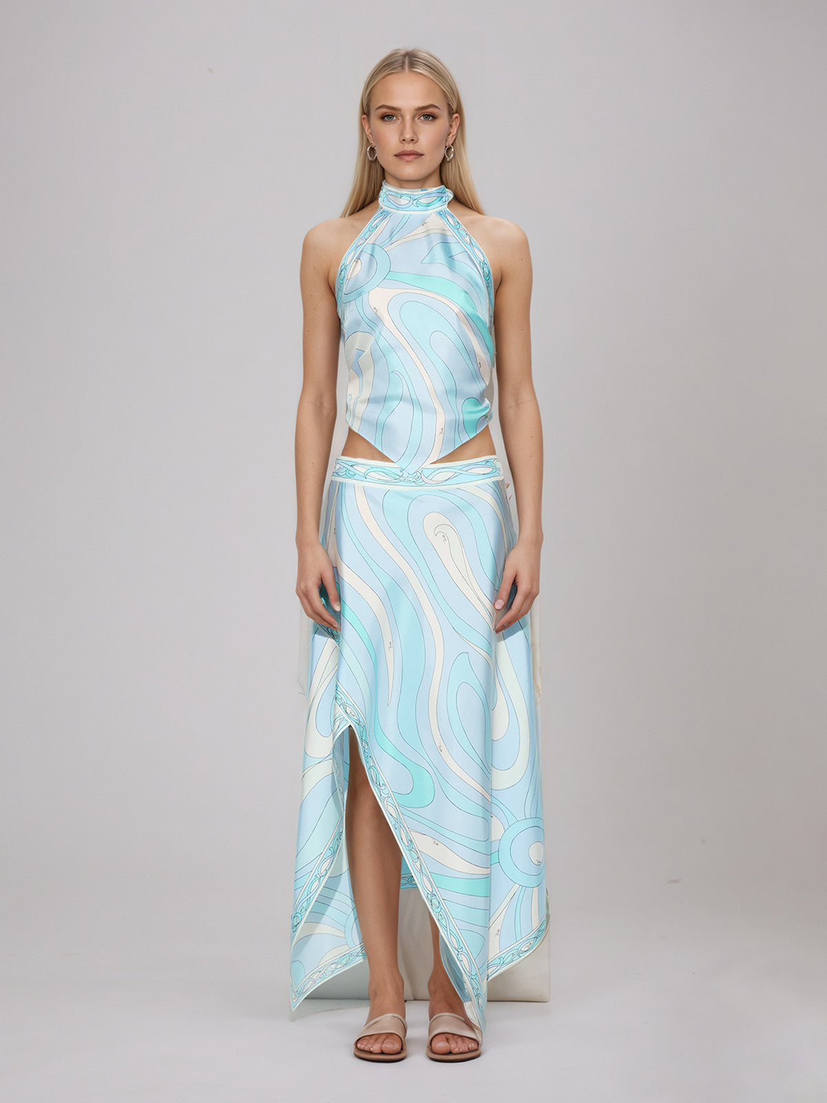 Satin Halter Neck Mini Top & Scarf Print Mid Waist Midi Skirt Set
