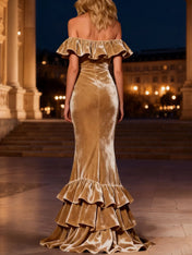 Champagne Mermaid Tiered Long Velvet Holiday Party Dress with Ruffles