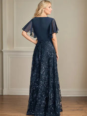 Dreamylily A-line V-Neck Floor-Length Lace Sequin Chiffon Mother of the Bride Dress With Pleated