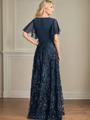 Robe de mère de la mariée trapèze, col en V, longueur au sol, en mousseline de soie et dentelle à sequins, avec plis 