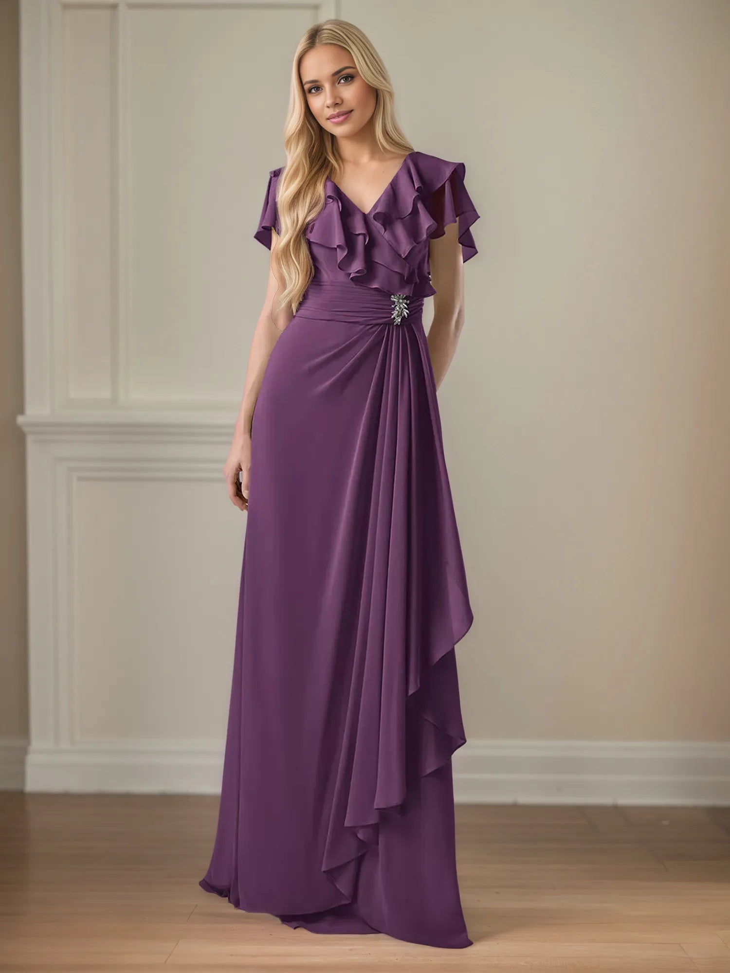 A Line Chiffon V Neck Ruffles Floor Length Mother of the Bride Dress