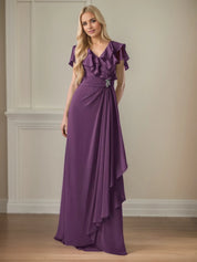 A Line Chiffon V Neck Ruffles Floor Length Mother of the Bride Dress