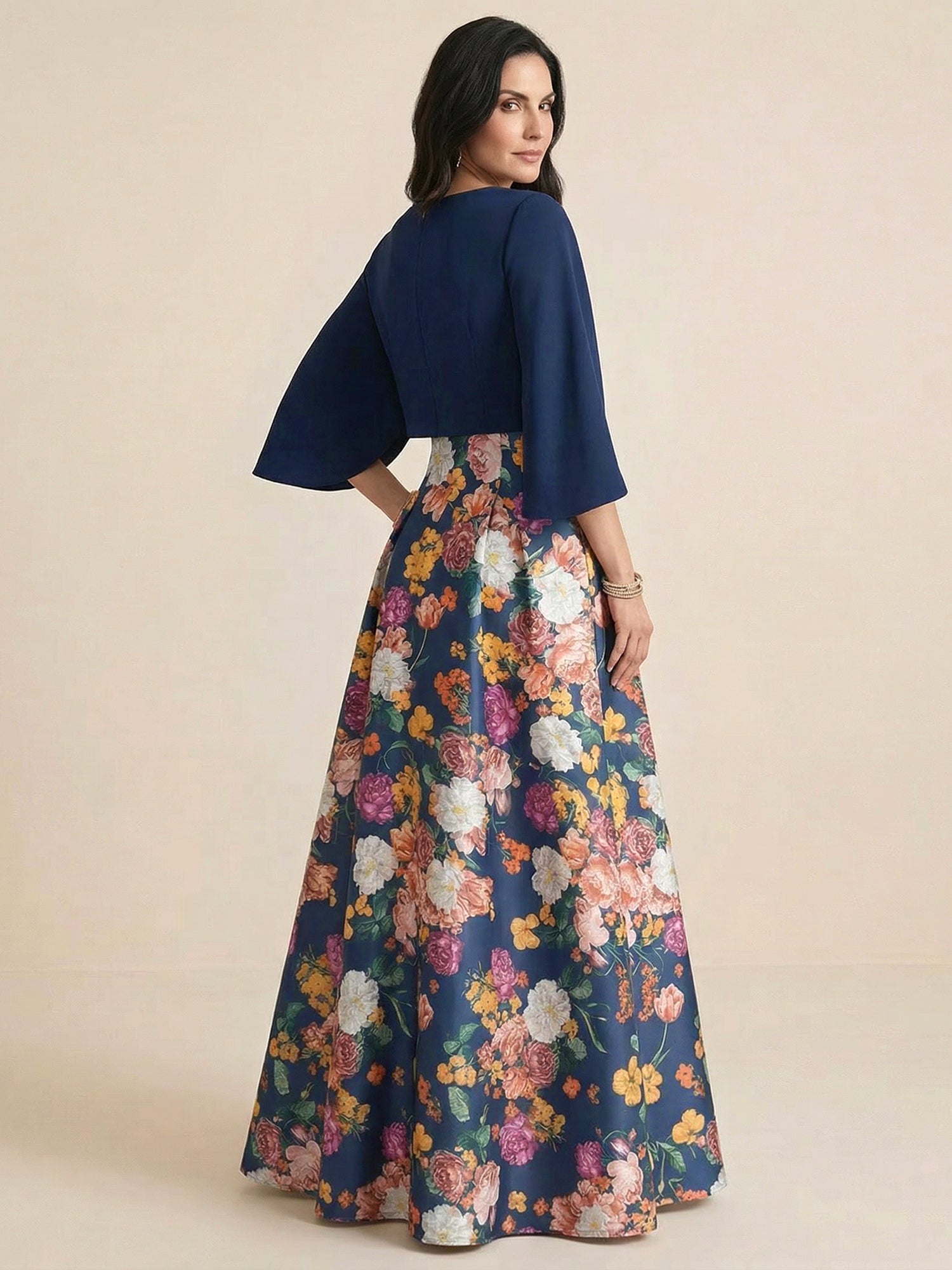 Navy Blue A-Line Crew Neck Satin Two-piece Print Flower Mother of the Brides dress