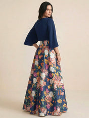 Navy Blue A-Line Crew Neck Satin Two-piece Print Flower Mother of the Brides dress