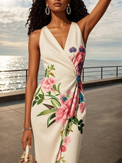 Pink Cross Floral V Neck Sleeveless Mermaid Gown Dress