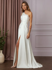 White A-Line One Shoulder Stretch Satin Wedding Dress