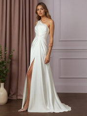 White A-Line One Shoulder Stretch Satin Wedding Dress