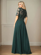 A Line Chiffon Scoop Neck Short Sleeves Floor Length Mother of the Bride Dresses