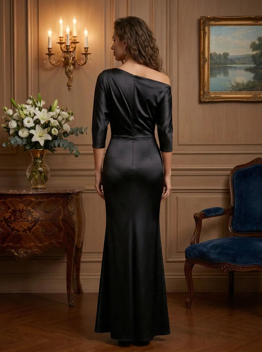 Asymmetrical Neck Three-Quarter Sleeve Satin Mermaid Evening Gown
