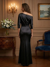 Asymmetrical Neck Three-Quarter Sleeve Satin Mermaid Evening Gown