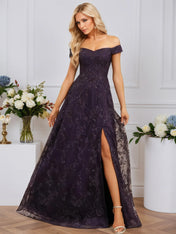 A-line Off the Shoulder Floor-Length Sequin Lace Evening Dress