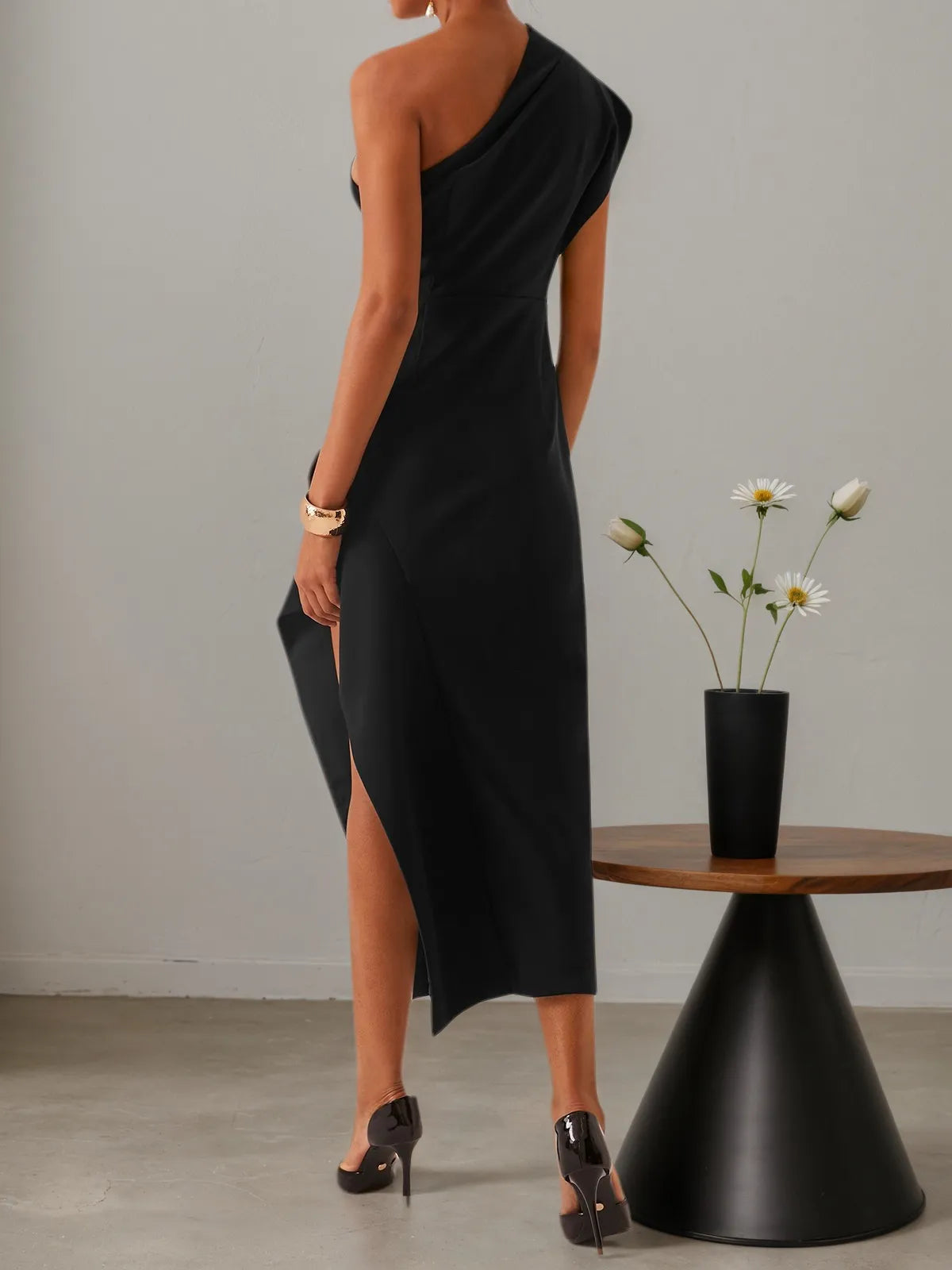 Black One-Shoulder Slit A-Line Midi Dress