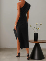 Black One-Shoulder Slit A-Line Midi Dress