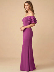 Off the Shoulder Strapless Satin Tiered Mother of the Bride Dress for Women