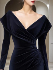 Cocktail Party Dress Navy V Neck Midi Velvet Mother of the Bride Dress