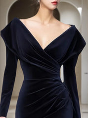 Cocktail Party Dress Navy V Neck Midi Velvet Mother of the Bride Dress