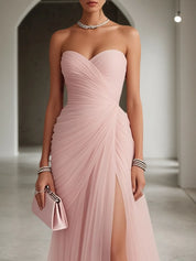 Pink Ruched Slit Tulle Strapless Sleeveless Sheath Gown Dress
