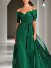 Formal Evening Gown Dark Green Off-The-Shoulder Chiffon Short Sleeve Maxi Dress