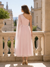 One-Shoulder Blush Pink Tulle Midi Dresses with Floral Lace Appliqué and Cape Sleeve