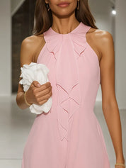 Pink Bow Peplum Chiffon Halter Sleeveless A-Line Midi Dress