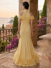 Halter Off-the-Shoulder Yellow Chiffon Mermaid Evening Dresses with 3D Rosettes