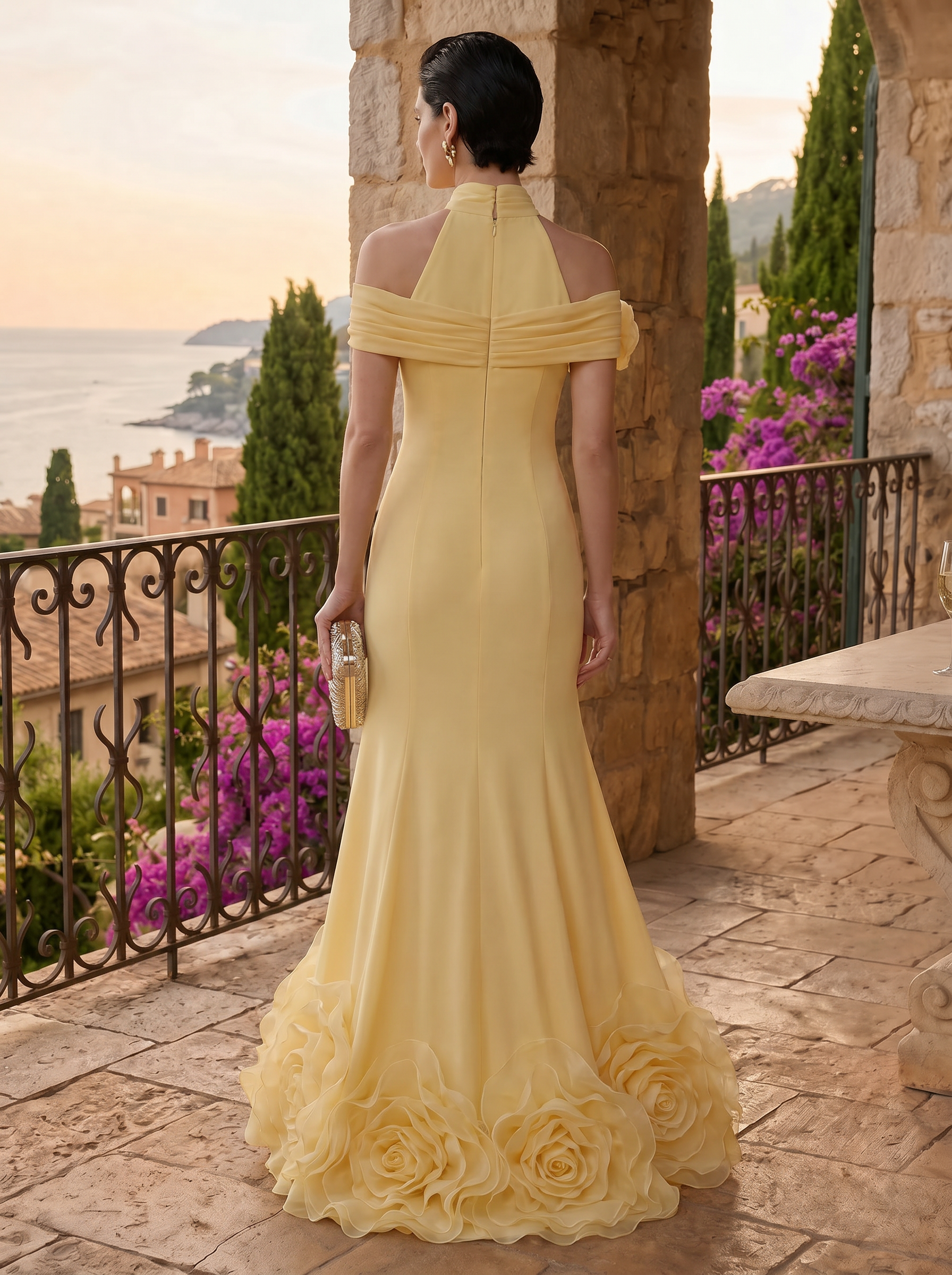 Halter Off-the-Shoulder Yellow Chiffon Mermaid Evening Dresses with 3D Rosettes