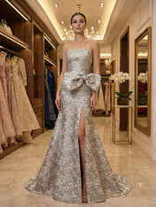 Hot Pink Floral Brocade Strapless Oversized Bow Prom Dress with Slit