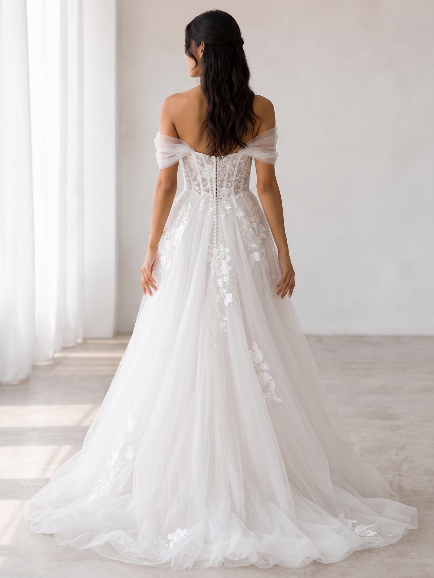 Elegant Off-the-Shoulder White Lace A-Line Wedding Dresses with Corset and Chapel Train