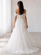Elegant Off-the-Shoulder White Lace A-Line Wedding Dresses with Corset and Chapel Train