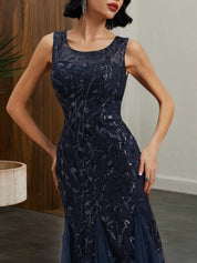Purplish Blue Sequin Crew Neck Sleeveless Sheath Maxi Dress