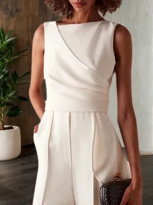 Women White Sleeveless Ruched Wide-Leg Jumpsuit