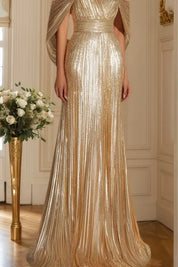 Formal Evening Fringe Dress Gold Sequin V Neck Cape Maxi Gown